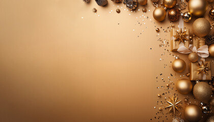 Obraz premium Flat-lay layout Christmas decorations with ornament and baubles. Festive gold background. Space for text.