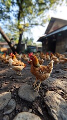 Fototapeta premium A flock of chickens roaming in a natural setting near a rustic building.