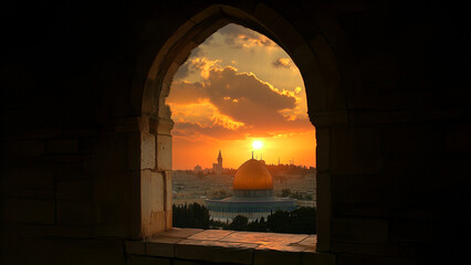 Fototapeta premium Sunset over jerusalem. Arch evening sunset clouds orange building. A building with orange and orange arch at sunset. Lifestyle.