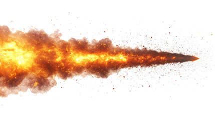 A missile rocket with fire trail isolated on a white and transparent background.