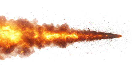 A missile rocket with fire trail isolated on a white and transparent background.