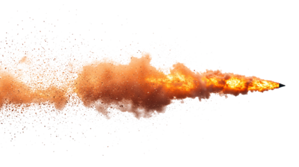 A missile rocket with fire trail isolated on a white and transparent background.