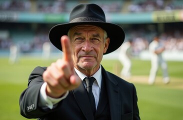 portrait of a Cricket Umpire captured in the decisive moment of raising his right index finger to signal an 'out' decision during a cricket test match