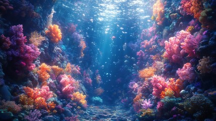 Obraz premium Vibrant coral reef, sunlit underwater scene.