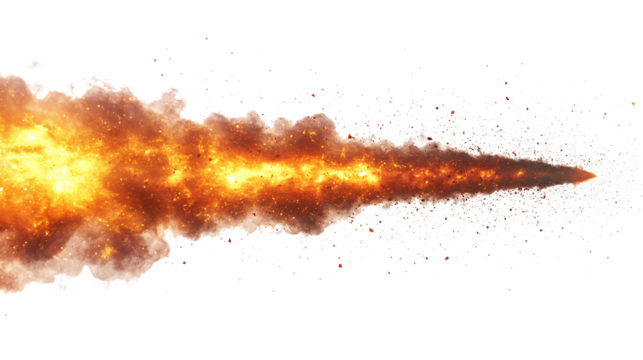 A missile rocket with fire trail isolated on a white and transparent background.