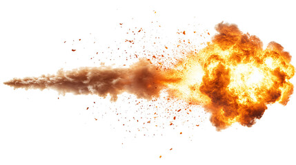 A missile rocket with fire trail isolated on a white and transparent background.