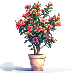 Potted flowering plant with orange and red blossoms.