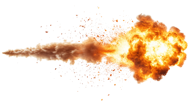 A missile rocket with fire trail isolated on a white and transparent background.