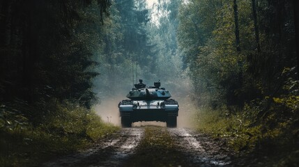 tank driving through forest