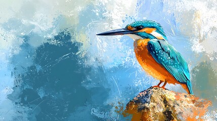 Vibrant kingfisher perched on rock, painted in expressive brushstrokes against a textured blue background.