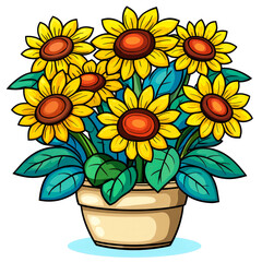 Obraz premium Potted sunflowers, bright yellow flowers in a terracotta pot.