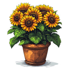 Obraz premium Potted sunflowers, vibrant yellow flowers, green leaves, terracotta pot.