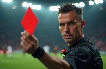 portrait of a football referee in the act of showing a red card during a high-stakes football match

