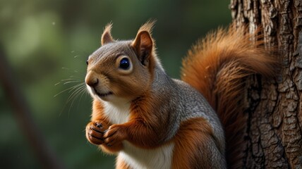Red squirrel perched on a tree trunk, looking curious.