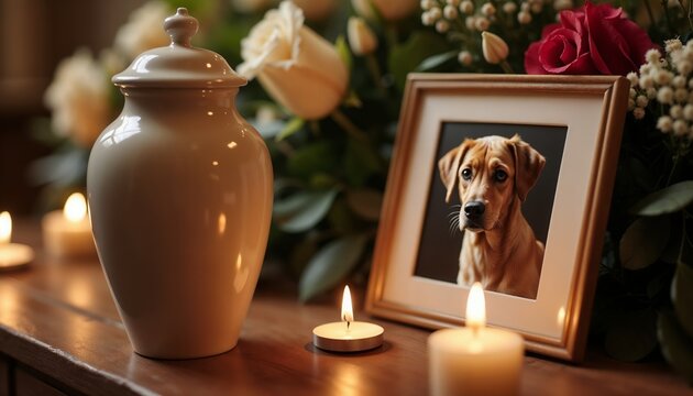 White funeral urn, framed photo of a dog, surrounded by candles and white roses.Reverence. Final farewell.Memorial service, pet tribute, remembrance card, funeral decor, sympathy message, condolence g