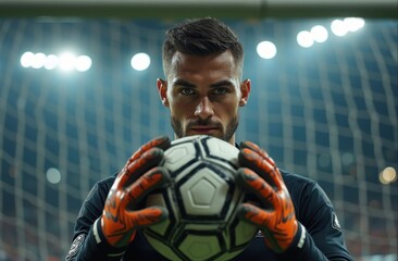 portrait of a football goalkeeper in an attentive stance on the field, preparing for an incoming attack.

