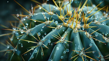 Hyper-realistic background showing water drops on a cactus with detailed thorns. full ultra hd, high resolution