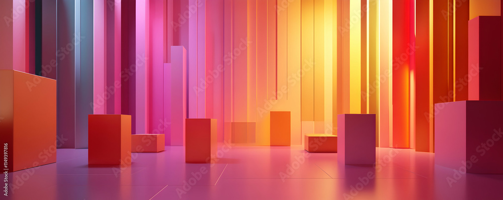 Poster abstract scene with colorful vertical lines and geometric shapes.