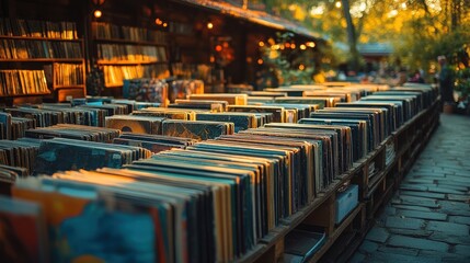 Obraz premium Rows of vintage vinyl records on wooden shelves.