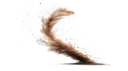 The dust devil spins, a small whirlwind of dust and debris isolated on white and transparent a background.