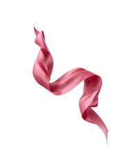 A flowing pink satin ribbon in mid-air, twisted into an elegant curve. Isolated on a white background. Ideal for design, decoration, packaging, and celebratory themes.