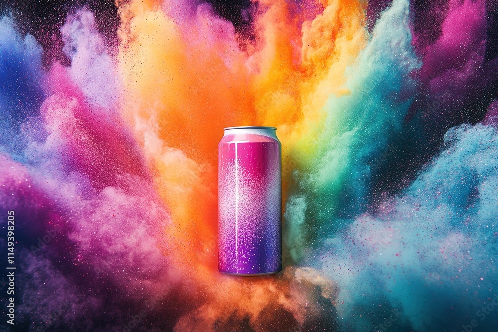 Poster vibrant can explodes in a rainbow of colors: a stunning visual display of powdered pigment, dynamic 