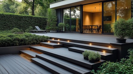Modern terrace renovation features WPC decking, substructure. Outdoor steps lead to contemporary home with large glass doors. Landscaping includes rich hedges, potted plants. Illuminated steps add