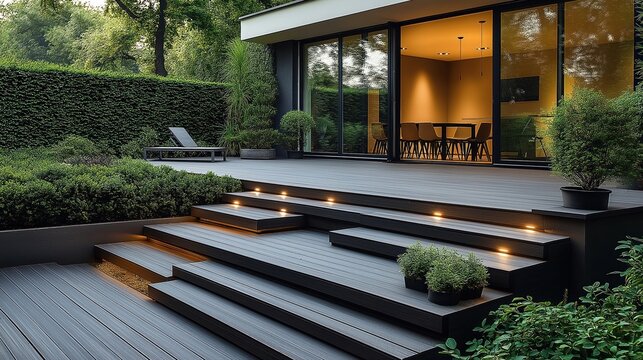 Modern terrace renovation features WPC decking, substructure. Outdoor steps lead to contemporary home with large glass doors. Landscaping includes rich hedges, potted plants. Illuminated steps add