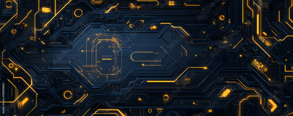 Poster Abstract digital circuit design with glowing lines and patterns.