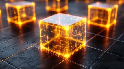 Glowing Orange Cubes on Dark Tile Floor