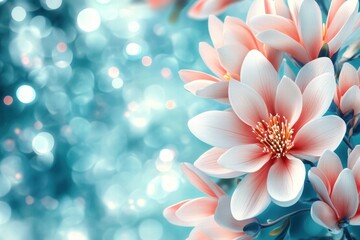 Fototapeta premium Pink Magnolia Blossoms on Teal Background