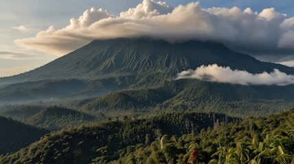 Fototapeta premium Majestic volcano shrouded in clouds, lush green landscape.