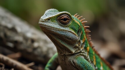Obraz premium Close-up of a vibrant green lizard on forest floor.