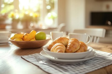 Stylish dining table set for breakfast with coffee cups, croissants, and a fruit bowl in a bright, contemporary home.
