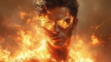 Fiery man, burning eyes, surreal art.