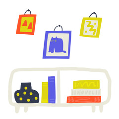 Living room interior objects set. Cute hand drawn doodle house furniture inside items, wall pictures, cat, shelf, books, table. Modern flat apartment elements