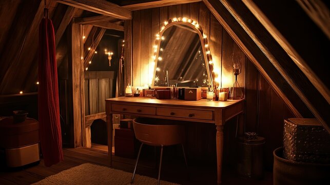 A vanity table in a cozy attic space with a mirror, warm lighting, and rustic decor.