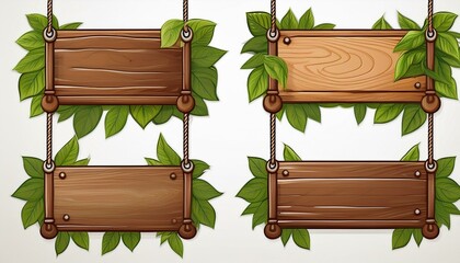 Fototapeta premium Set pots on a wooden wall - Set of wooden signboards hanging with green leaves isolated white background