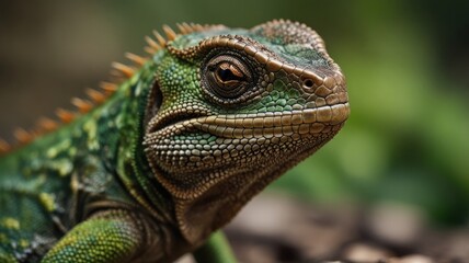 Obraz premium Close-up of a vibrant green lizard, showcasing intricate scales and details, in a natural habitat setting.
