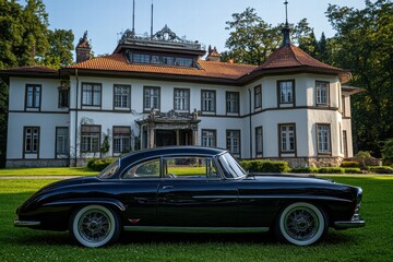 Fototapeta premium Classic Black Coupe Parked in Front of a Grand Mansion