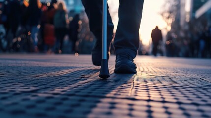 Fototapeta premium accessibility and friendly environment concept, Close-up of a blind man walking along a tactile tile with a can