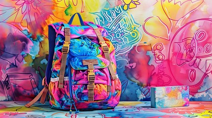 Watercolor painting of a vibrant kids' backpack on a colorful doodle wall, with a mockup