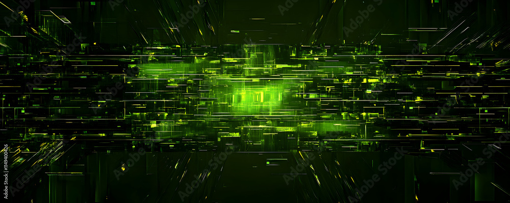 Poster abstract green digital background with dynamic lines and glowing elements.