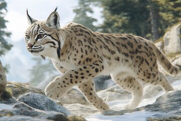 Eurasian Lynx Walking on Rocky Mountain Path