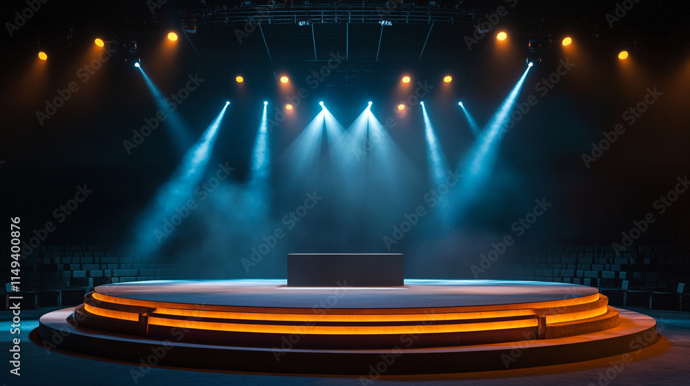 Poster stage setup with dramatic lighting for a performance in an indoor theater.
