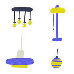 Living room interior objects set. Cute hand drawn doodle house furniture inside items, lamp, ceiling light, electricity, floor lamp, bulb, light. Modern flat apartment elements