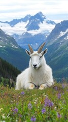 Obraz premium A mountain goat resting in a colorful meadow with a stunning mountainous backdrop.