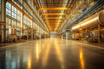 Industrial Factory Interior with Polished Floor and Yellow Beams