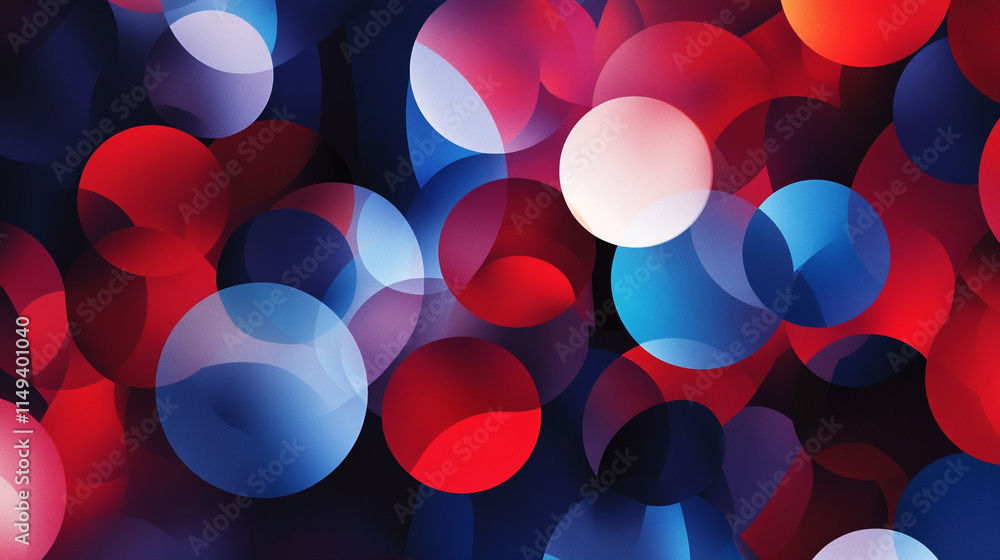 Poster colorful abstract design featuring overlapping circles in shades of red, blue, and white creating a 