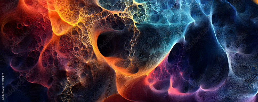Poster abstract colorful digital artwork resembling fluid forms and textures.